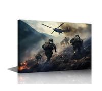 Canvas Wall Art Military Insertion Panorama Framed 1 Panel Helicopter Scene With Soldiers Ascending Terrain Tactical Team Coordination And Airborne Transport Operations 18x12 in