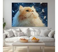 Canvas Wall Art Modern Wall Decor, Animal Cute Persian Cat Star Sky Rendering Wall Pictures Framed for Living Room Bedroom Office Home Decoration 40 x 28 inches
