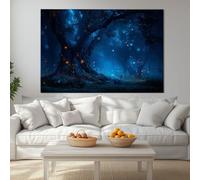 Canvas Wall Art Modern Wall Decor, Blue Forest Fireflies Ancient Trees Mysterious magical Rendering Wall Pictures Framed for Living Room Bedroom Office Home Decoration 28 x 20 inches