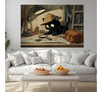 Canvas Wall Art Modern Wall Decor, Cartoon Black Cat Fun Map Detective style Rendering Wall Pictures Framed for Living Room Bedroom Office Home Decoration 40 x 28 inches