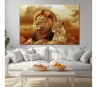 Canvas Wall Art Modern Wall Decor, Lion Couple Savannah Wildlife Rendering Wall Pictures Framed for Living Room Bedroom Office Home Decoration 55 x 28 inches