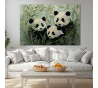 Canvas Wall Art Modern Wall Decor, Three Pandas Green Plants Chinese style Rendering Wall Pictures Framed for Living Room Bedroom Office Home Decoration 48 x 32 inches