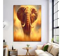 Canvas Wall Art Orange Color Grassland Elephants Fantasy Animals Canvas Pictures For Living Room Bedroom Hallway Kitchen Or Office Wall Decor - Poster Prints Extra Large Artwork 70X100Cm Unframed