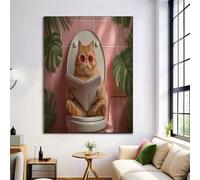Canvas Wall Art Painting, Cute Animal Pictures Decor, Toilet Orange Cat Light Pink Posters Prints for Living Room Bathroom Bedroom Home Decoration, Unframed 12x16in