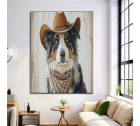 Canvas Wall Art Painting, Farmhouse Animals Pictures Decor, Cowboy Hat Sheepdog Dark Beige Posters Prints for Living Room Bathroom Bedroom Home Decoration, Unframed 12x16in