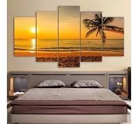 Canvas Wall Art Paintings For Home Decor Tropical Beach Sunset 5 Pieces Modern Giclee Artwork The Pictures For Living Room Decoration Photo Prints On Canvas Xxl/With Frame 200 X 100 Cm