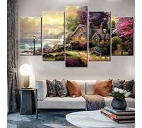 Canvas Wall Art Picture 5 Piece Seaside Cottage Scenery (Xxl/With Frame 200 X 100 Cm) Paintings Hd Print Decor Modern Room Living Room Bedroom Hotel Kids Room Gallery -2S1M-V0H