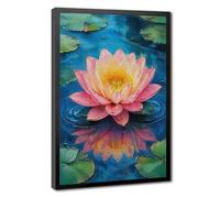 Canvas Wall Art Poster, Pink Water Lily Lotus Flower on Blue Lake with Lily Pad Reflection, Thick Textured Impressionist Floral Landscape Decor Black Frame 20x30in