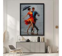 Canvas Wall Art Poster Romantic Couple Dancing in Rain Under Umbrella with Floating Musical Notes - Polyester Material Waterproof Design for Bedroom Decor or Bathroom Pictures