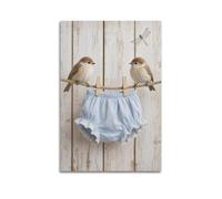 Canvas Wall Art Poster, Two Little Birds on Rope with Blue Baby Bloomers, Rustic Wood Wall Dragonfly Neutral Nursery Wall Decor 20x30inch
