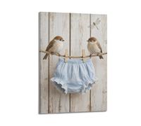 Canvas Wall Art Poster, Two Little Birds on Rope with Blue Baby Bloomers, Rustic Wood Wall Dragonfly Neutral Nursery Wall Decor 16x24inch