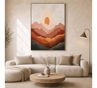 Canvas Wall Art Prints, Landscape Illustrations, 60 x 90 cm Home Wall Decoration,Modern Picture UnFramed Layered Mountain Ranges And The Sun Artwork Paintings for Bedroom Living Room Burnt Orange