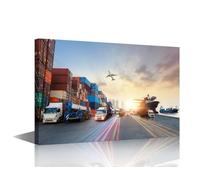 Canvas Wall Art Prints Pictures Container Cargo Freight Train for Business Logistics Framed Modern Wall Painting Home Decor for Living Room Bedroom Ready to Hang 18"Wx 12"H