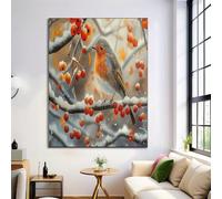 Canvas Wall Art Red And White Berry Robin Oil Painting Animals Canvas Pictures For Living Room Bedroom Hallway Kitchen Or Office Wall Decor - Poster Prints Extra Large Artwork 40X50Cm Unframed