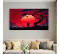 Canvas Wall Art Red Sun Samurai Canvas Artwork Framed, 2D Japanese Style Game Pictures for Bathroom Bedroom Living Room Walls, with Hooks and Nails, 40L x 30W cm