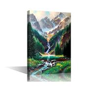 Canvas Wall Art Rocky Mountain Waterfall Painting Print for Bedroom Living Room Bathroom Home Office Wall Decoration Stretch and Wraped with Frame Ready to Hang 16x24inch (40x60cm)