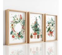 Canvas Wall Art Set Watercolour Christmas Artwork Prints Holly Wreath Berry Pine Cone Tree Gift Painting Picture for Living Room Bedroom Hallway Office Home Wall Decor 42 x 59.4 cm
