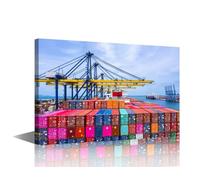 Canvas Wall Art Shore Crane Loading Containers in Freight Ship Picture Poster Print on Canvas Crane Artwork for Home Office Bedroom Decor 1Pcs Framed Ready to Hang 24x16in