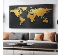 Canvas Wall Art Simple World Map Print, Gold Black Canvas Prints Poster, 120 x 80 cm for Living Room Bedroom Home Office Wall Decoration Painting Frameless