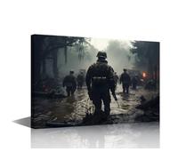 Canvas Wall Art Tactical Rain March 1 Panel Framed Military Print Depicting Soldiers In Strategic Deployment Under Heavy Rain Combat Preparedness And High-Pressure Scenarios 18x12 in