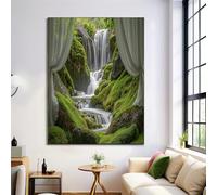 Canvas Wall Art Waterfall Outside The Window Moss, Landscape Realism Poster Picture Green Bedroom Walls Decor Prints Posters, 80×120 cm Canvas Wall Art for Office Hallway Dining Room Frameless