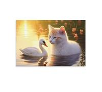 Canvas Wall Art White Swan Cat Wall Decorations For Living Room Swim Animal Fantasy Cartoon Hang Pictures Wall Artwork