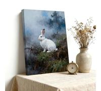Canvas Wall Art, Wildlife Rabbit Oil Painting Print, White Hare in Mist Landscape, Rustic Farmhouse Decor, Gallery Wrapped, Ready to Hang, Tabletop Display, 8x10 Inches