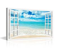 Canvas Wall Art Window View Canvas Print Tropical Teal Ocean Sea Beach Shore Paradise Art for Living Room Office Bedroom Dining Room Wall Decor Stretched and Framed Ready to Hang - 24"W x 16"H