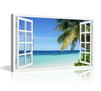 Canvas Wall Art Window View Landscape Wall Art Teal Blue Beach Shore Tropical Island Poster Prints on Canvas Wall Home Decoration for Living Room Office Bathroom Framed Ready to Hang (24"W x 16"H)