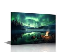 Canvas Wall Decor Night Sky with Aurora Borealis and Mountain Peak Aurora Reflection on the Lake with Forest Wall Art Print for Living Room Bedroom Office Decor Framed 60 x 90 cm