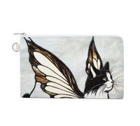 Canvas Wallet Bag,Black and White Cat with Fairy Wings Print Coin Purse, Zipper Change Purse,Small Cosmetic Bag