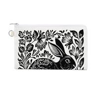 Canvas Wallet Bag,Black and White Woodblock Rabbit Print Coin Purse, Zipper Change Purse,Small Cosmetic Bag