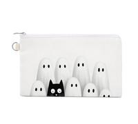 Canvas Wallet Bag,Black Cat and Groups of White Ghost Print Coin Purse, Zipper Change Purse,Small Cosmetic Bag