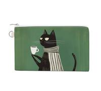 Canvas Wallet Bag,Black Cat Holding The Coffee Cup Print Coin Purse, Zipper Change Purse,Small Cosmetic Bag
