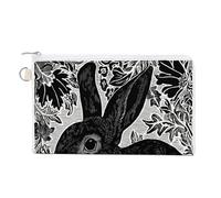 Canvas Wallet Bag,Black White Woodblock Rabbit Print Coin Purse, Zipper Change Purse,Small Cosmetic Bag