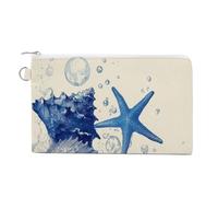 Canvas Wallet Bag,Blue Seashells Starfish and Bubbles Print Coin Purse, Zipper Change Purse,Small Cosmetic Bag