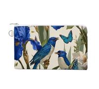 Canvas Wallet Bag,Botanical Blue Birds and Butterflies Print Coin Purse, Zipper Change Purse,Small Cosmetic Bag