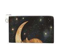 Canvas Wallet Bag,Brown Cat Sleeping on Crescent Moon Print Coin Purse, Zipper Change Purse,Small Cosmetic Bag