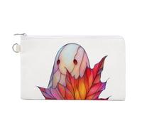 Canvas Wallet Bag,Cute Ghost Holding Red Maple Leaf Print Coin Purse, Zipper Change Purse,Small Cosmetic Bag