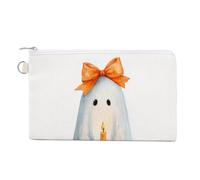 Canvas Wallet Bag,Cute Ghost Orange Bow Holding A Candle Print Coin Purse, Zipper Change Purse,Small Cosmetic Bag
