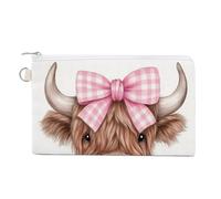 Canvas Wallet Bag,Cute Highland Bull with Pink Bow Print Coin Purse, Zipper Change Purse,Small Cosmetic Bag