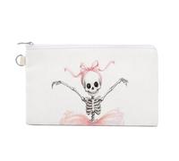 Canvas Wallet Bag,Dancing Skeleton Pink Ribbon on Head Print Coin Purse, Zipper Change Purse,Small Cosmetic Bag