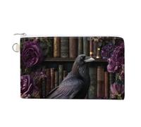 Canvas Wallet Bag,Dark Gothic Raven Perched on A Vintage Book Print Coin Purse, Zipper Change Purse,Small Cosmetic Bag