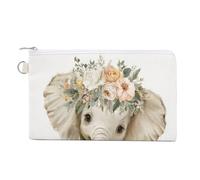 Canvas Wallet Bag,Elephant with White Floral Crown Print Coin Purse, Zipper Change Purse,Small Cosmetic Bag
