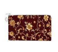 Canvas Wallet Bag,Golden Flower Swirling Vine on Deep Red Print Coin Purse, Zipper Change Purse,Small Cosmetic Bag