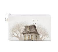 Canvas Wallet Bag,Halloween Haunted House Ghost and Pumpkin Print Coin Purse, Zipper Change Purse,Small Cosmetic Bag