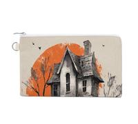 Canvas Wallet Bag,Halloween Haunted House Ghost Print Coin Purse, Zipper Change Purse,Small Cosmetic Bag