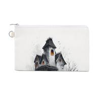 Canvas Wallet Bag,Halloween Haunted House Ghost Pumpkin Print Coin Purse, Zipper Change Purse,Small Cosmetic Bag