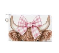 Canvas Wallet Bag,Highland Bull with Pink Bow Print Coin Purse, Zipper Change Purse,Small Cosmetic Bag