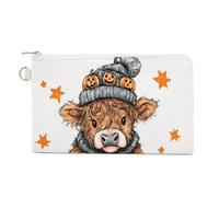 Canvas Wallet Bag,Highland Cow Sitting on A Big Orange Pumpkin Print Coin Purse, Zipper Change Purse,Small Cosmetic Bag